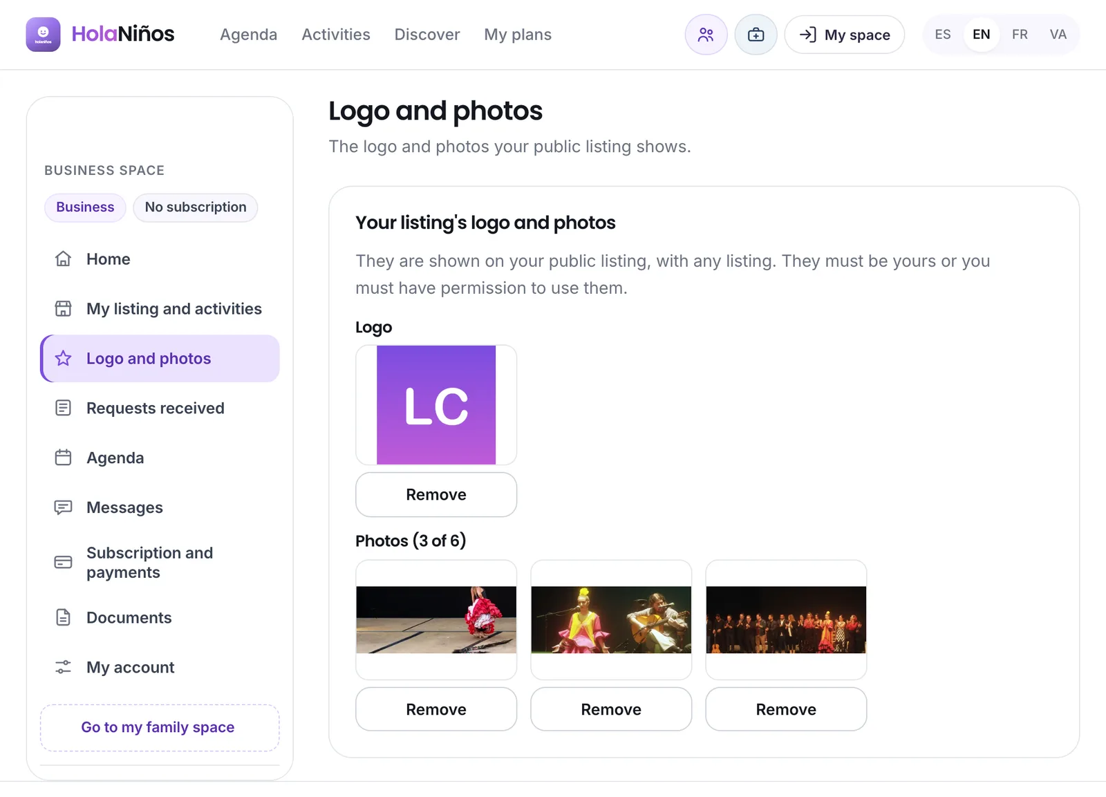Logo and photos of the listing, in the pro space