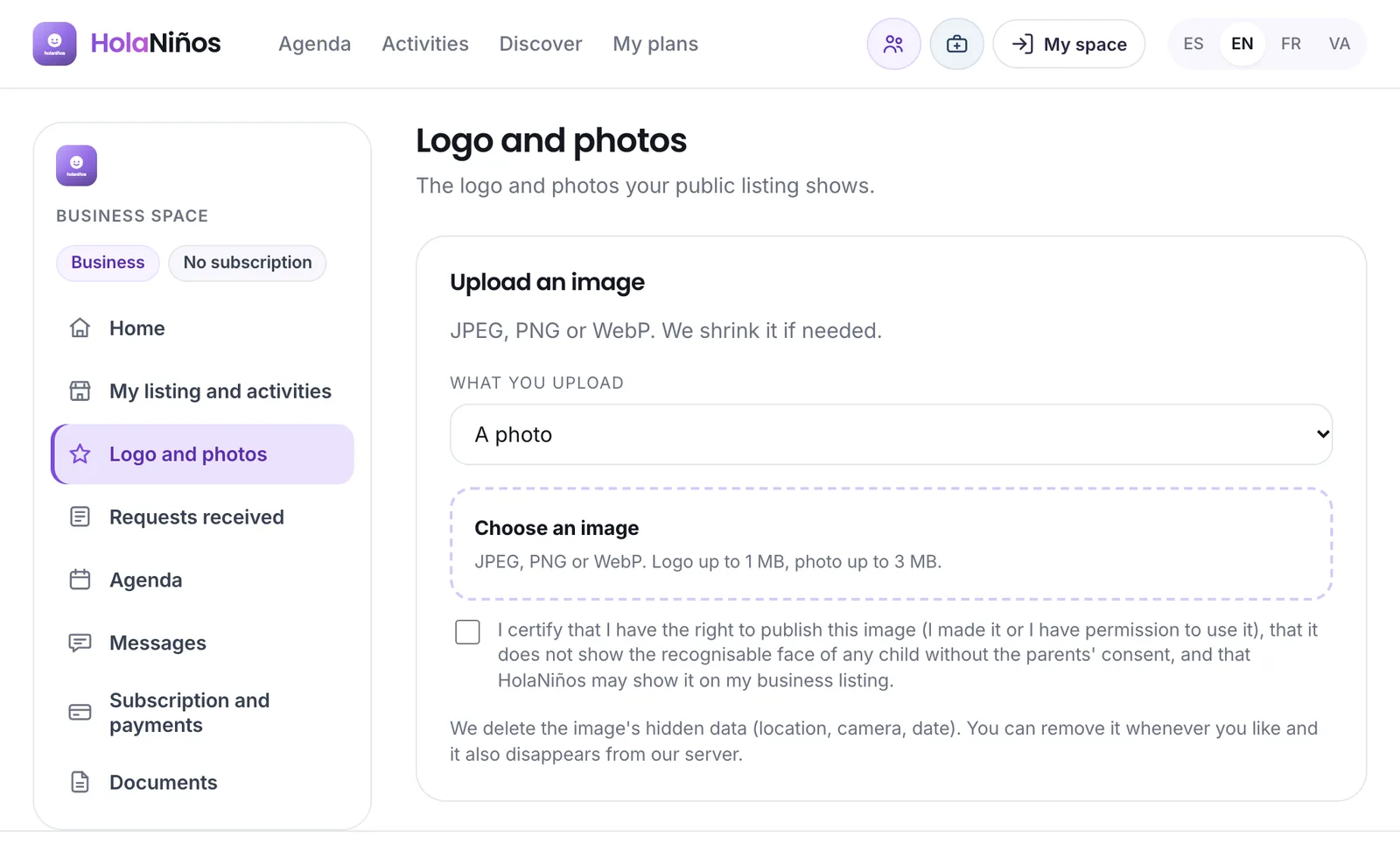 Uploading an image, with the rights tick box