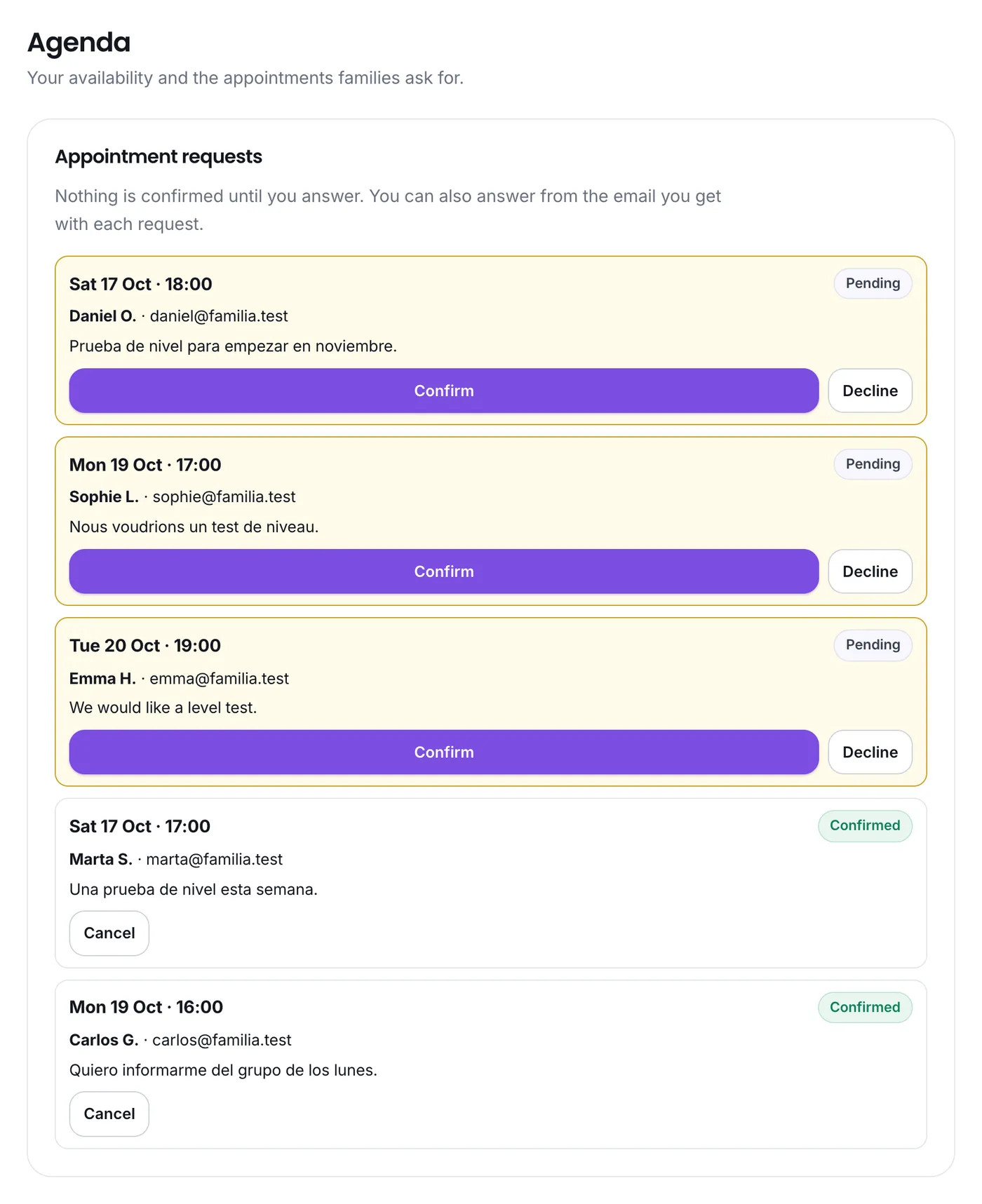 Level test requests, with the Confirm and Decline buttons