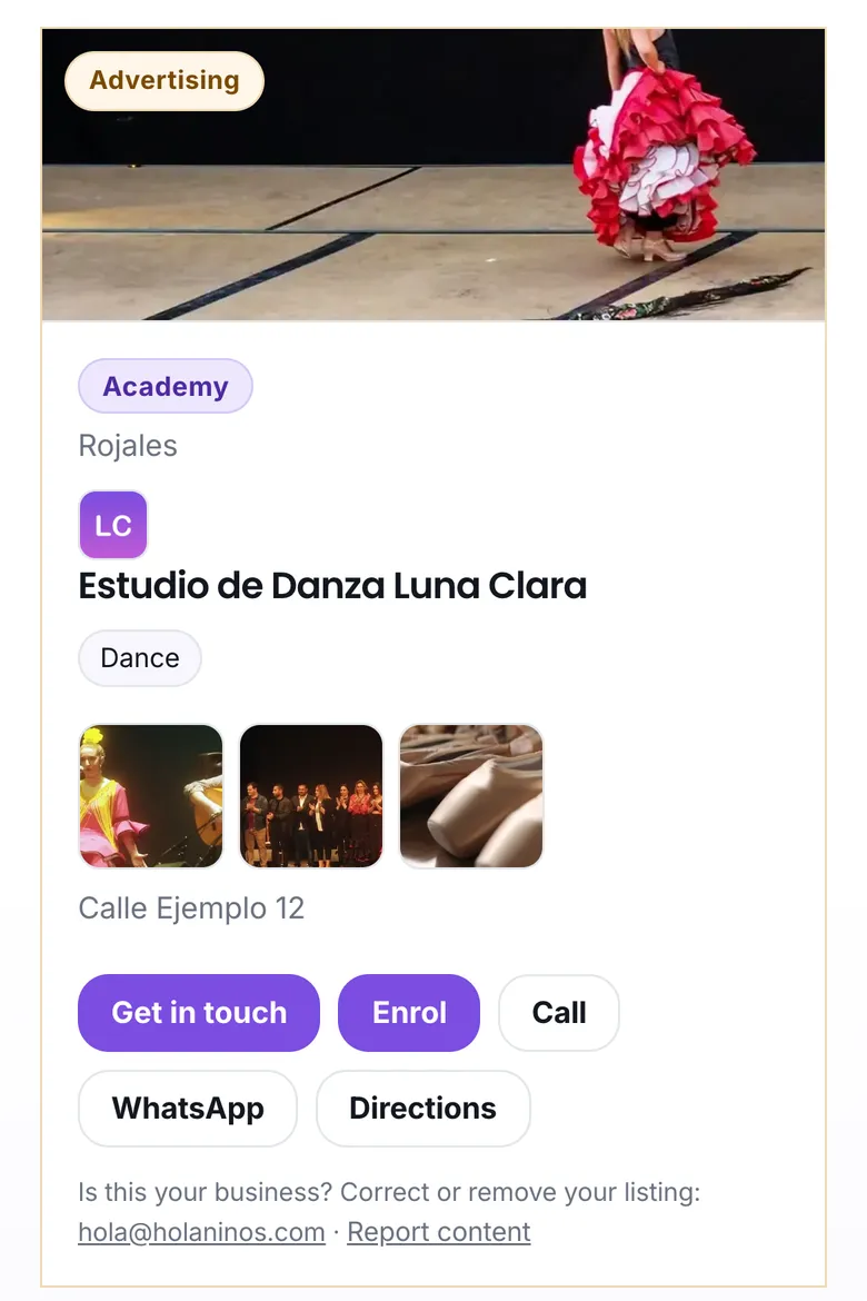 The listing of a dance school, with the Enrol button
