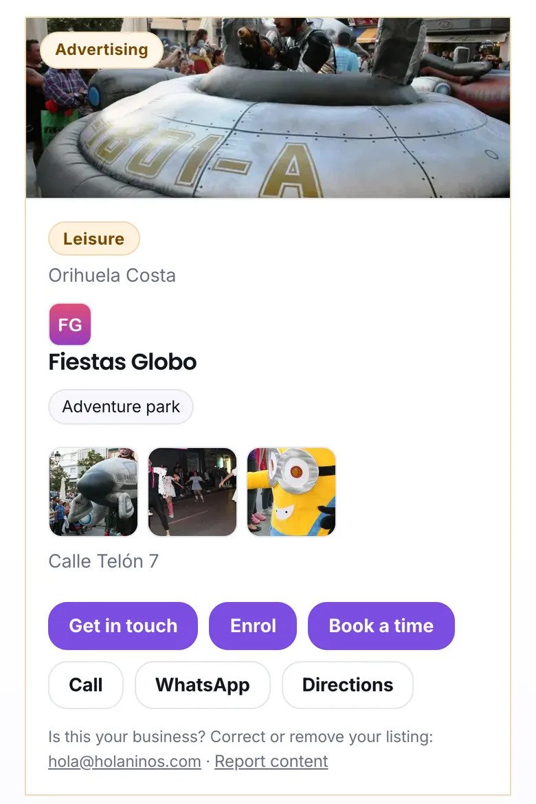 The listing of a party entertainer, with its Enrol and Book a time buttons