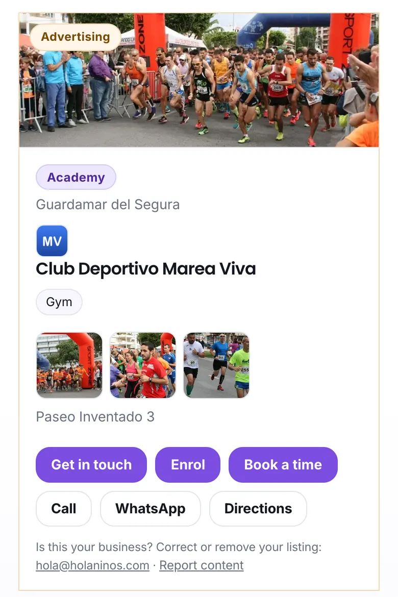 The listing of a sports club, with its Enrol and Book a time buttons