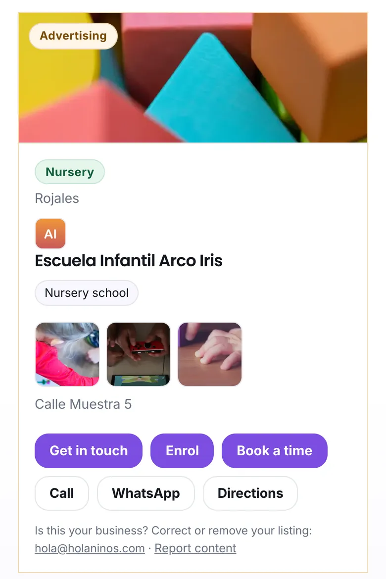 The listing of a nursery school, with its Enrol and Book a time buttons
