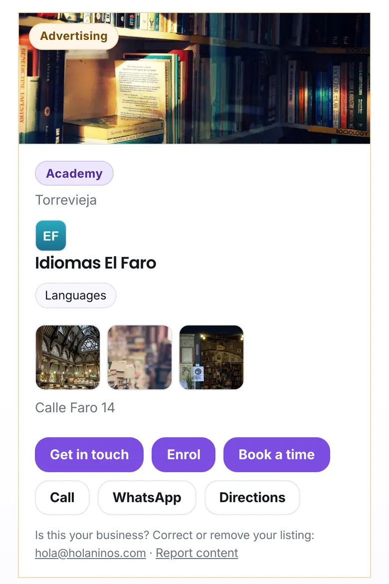 A listing with a logo, photos and the buttons Get in touch, Enrol, Book a time, Call and WhatsApp
