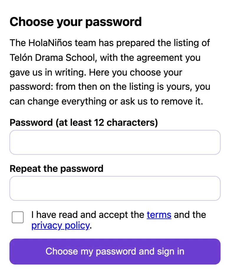 The page where the professional chooses a password and takes control of the listing