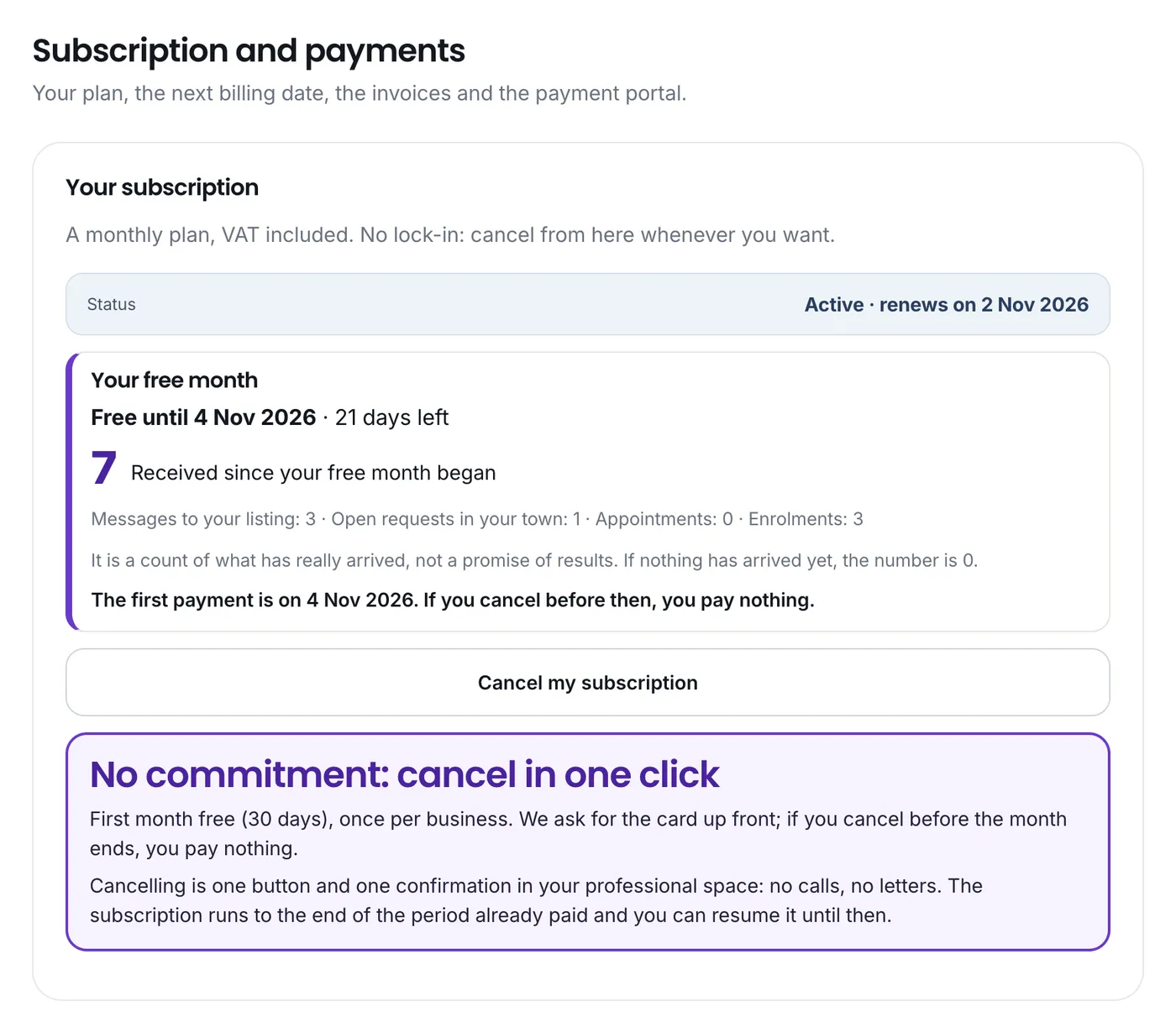 The free month, with the end date, the count and the Cancel my subscription button