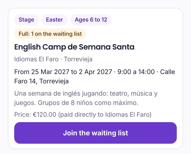 A full English camp, with the Join the waiting list button
