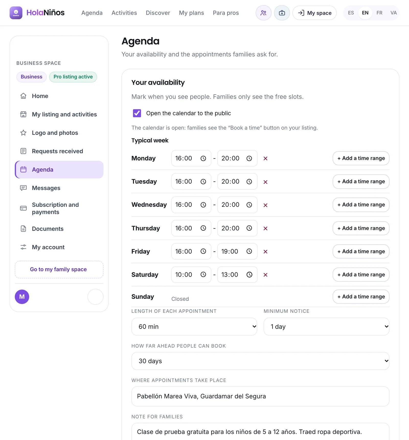 The appointment calendar, in the pro space
