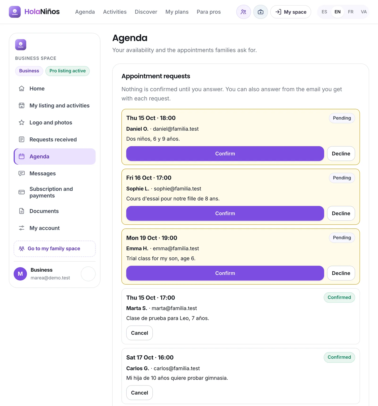 Appointment requests, with Confirm and Decline buttons