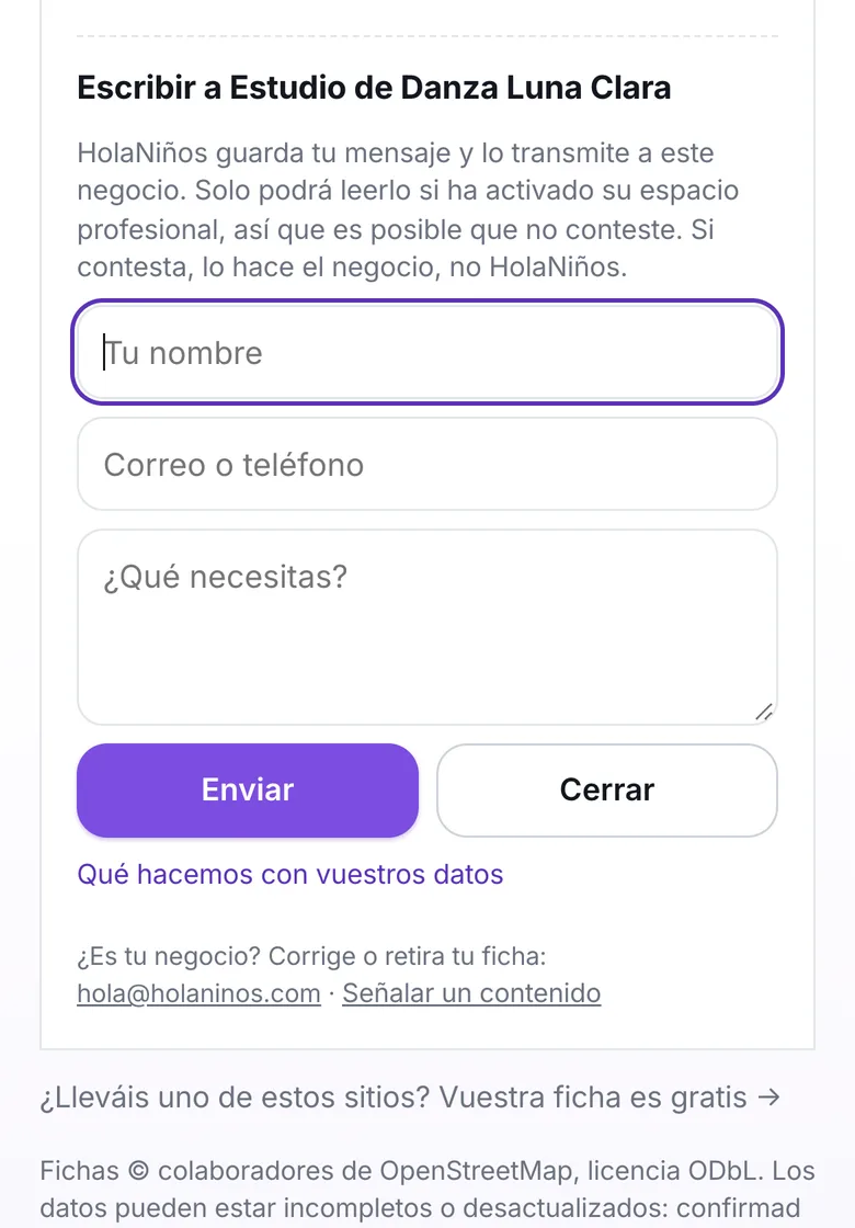 El formulario para escribir a un negocio