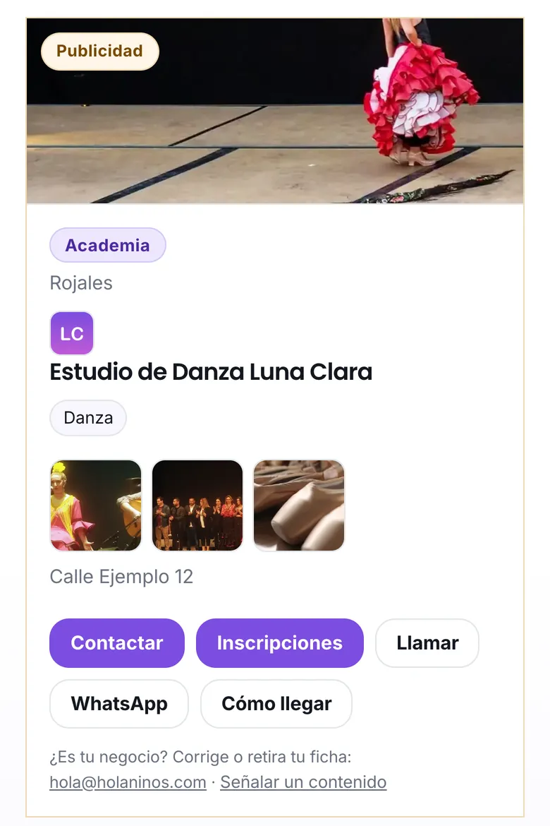 La ficha de una escuela de danza, con el botón Inscripciones
