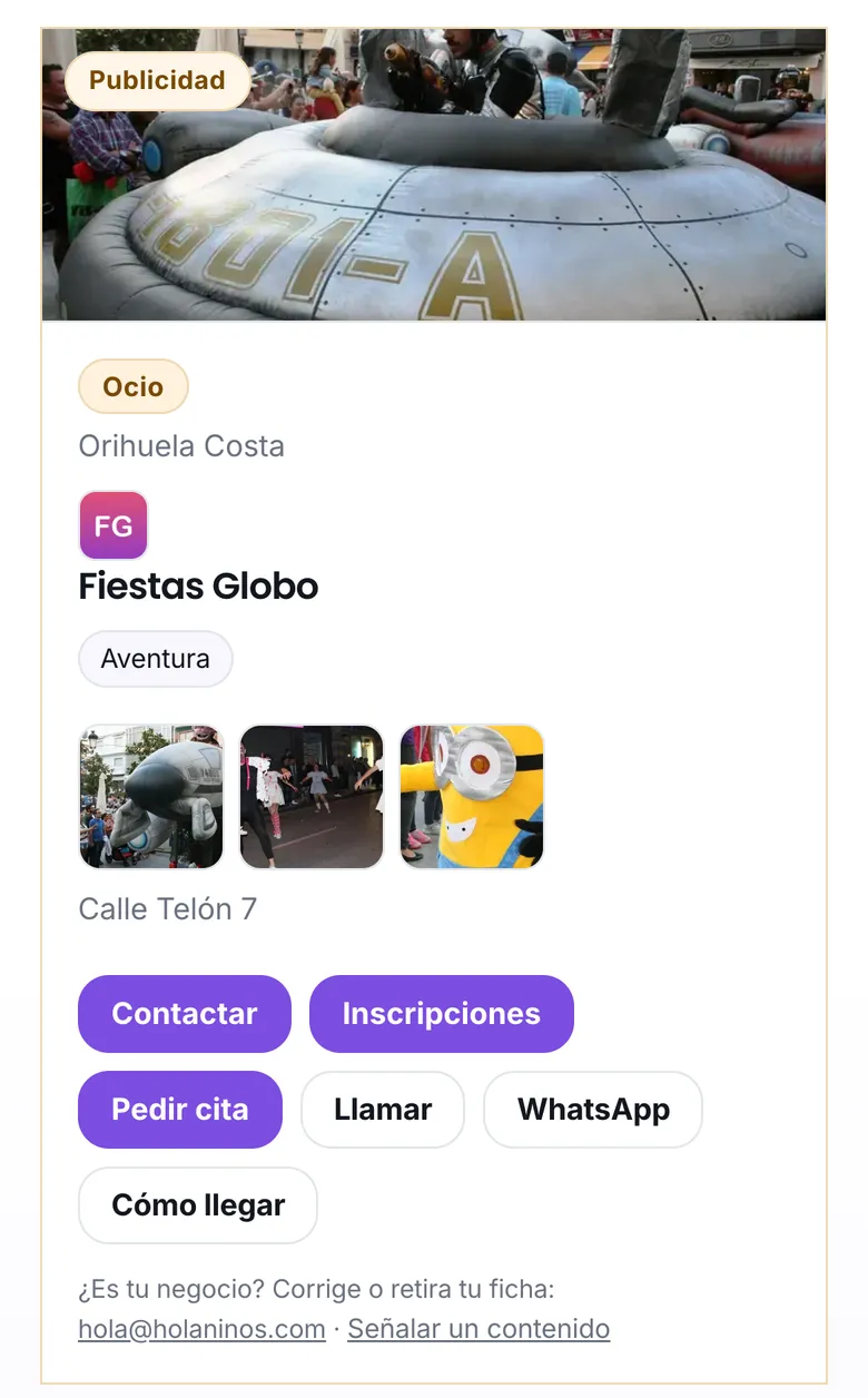 La ficha de un animador de fiestas, con sus botones Inscripciones y Pedir cita