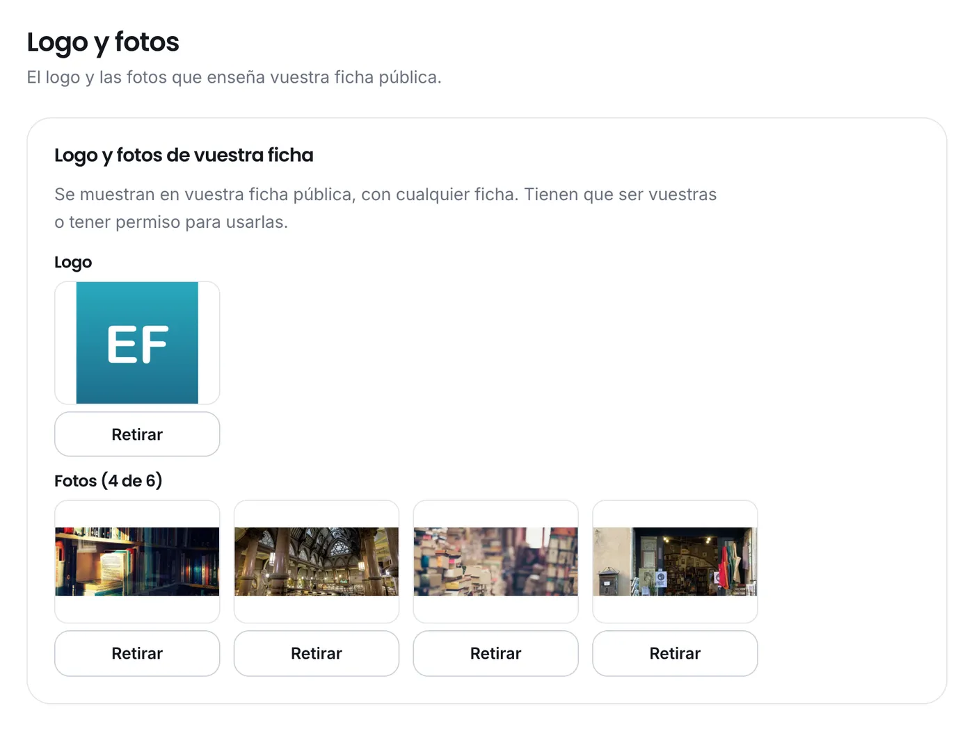 El logo y las fotos de la ficha, en el espacio profesional