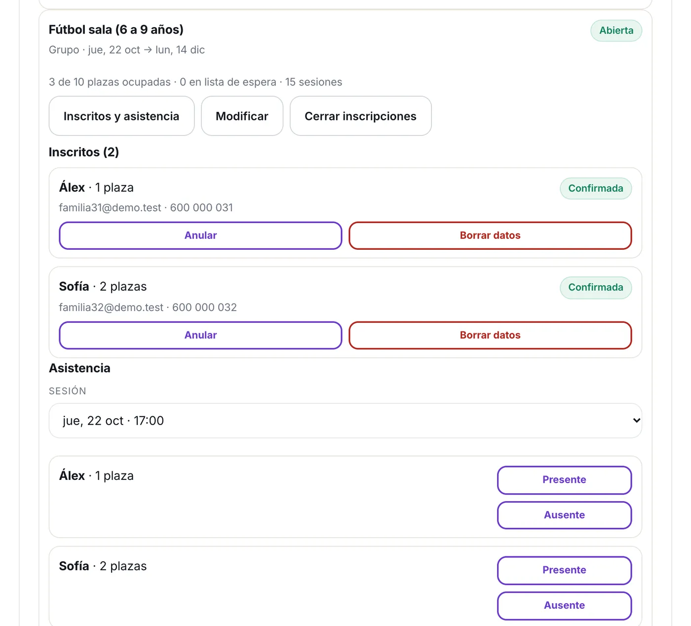 La lista de inscritos de un grupo con la asistencia por sesión