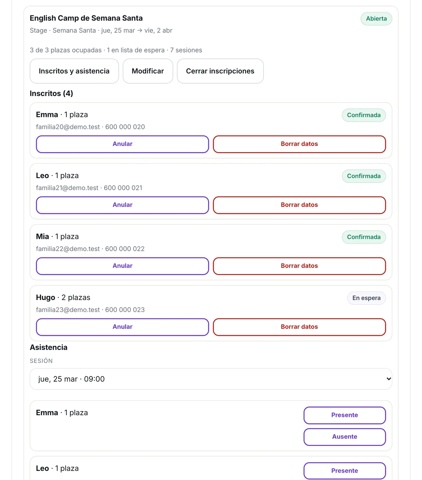 La lista de inscritos con la asistencia por sesión y la lista de espera