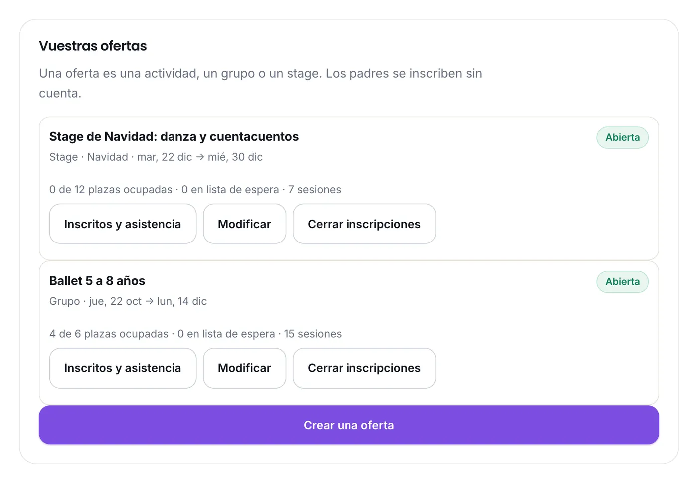 Las ofertas de una escuela de danza, con las plazas ocupadas