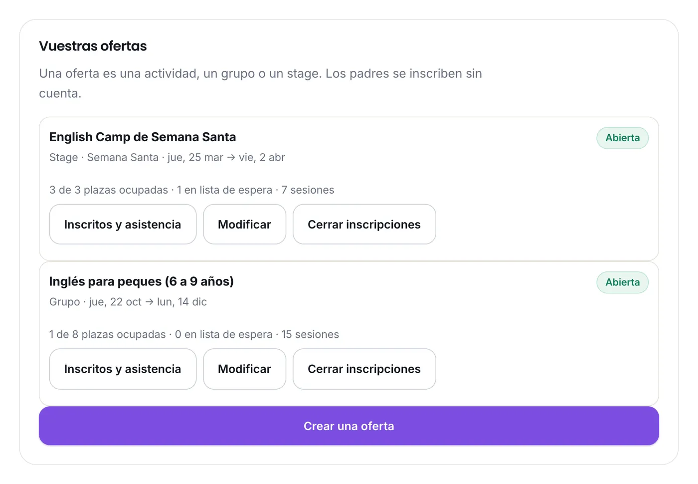 Las ofertas del profesional, con las plazas ocupadas y la lista de espera