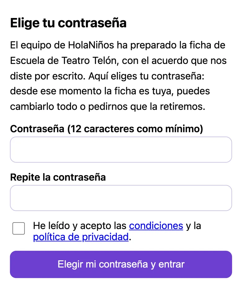 La página donde el profesional elige su contraseña y toma el control de su ficha