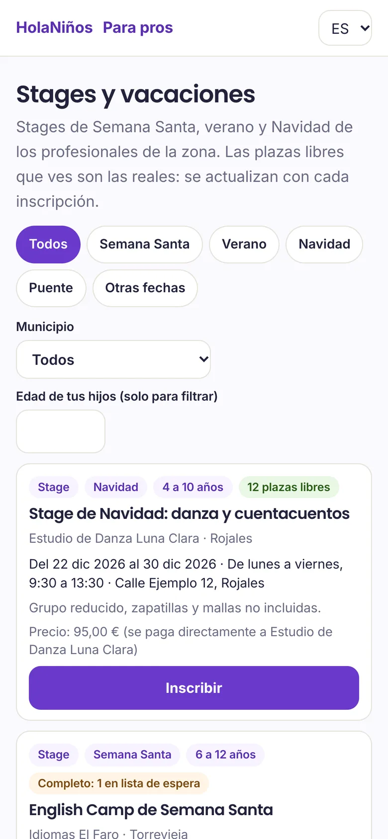 La página Stages y vacaciones, con las plazas libres y el filtro por periodo