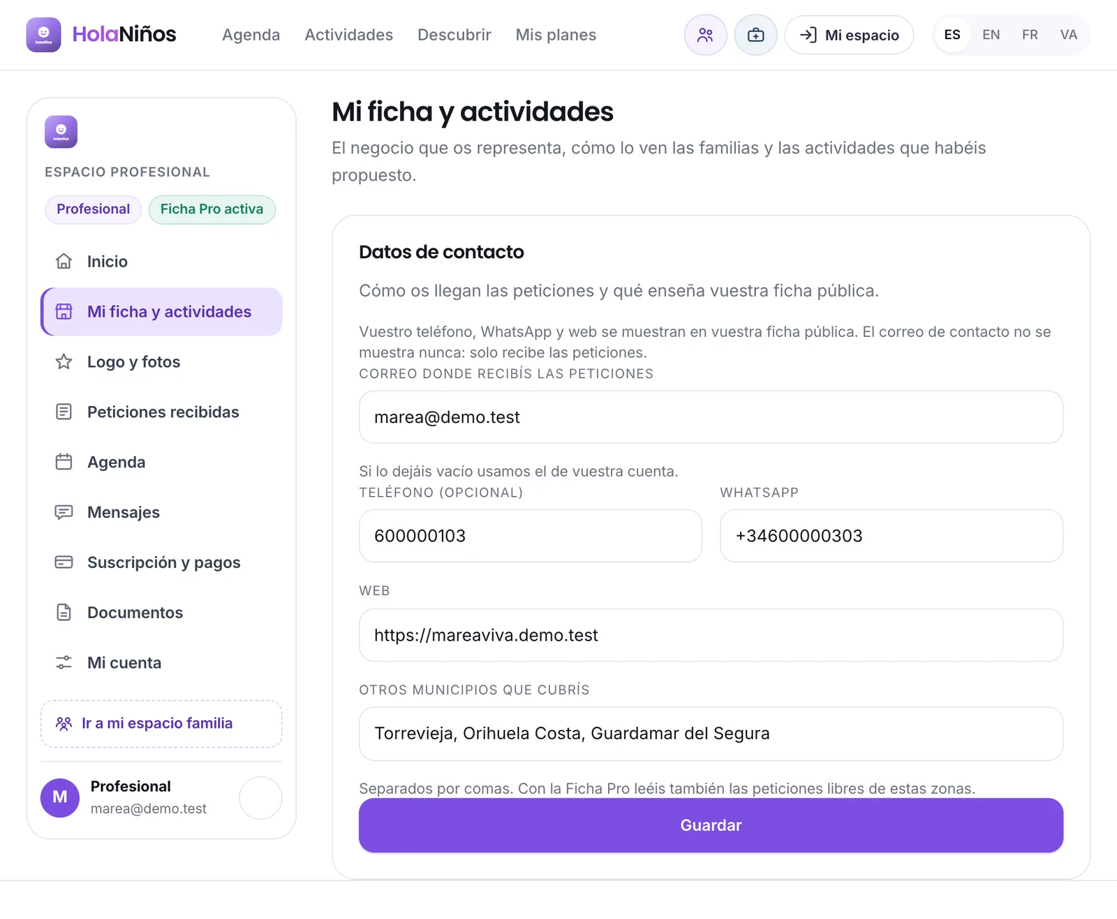 Los datos de contacto y las zonas de una Ficha Pro