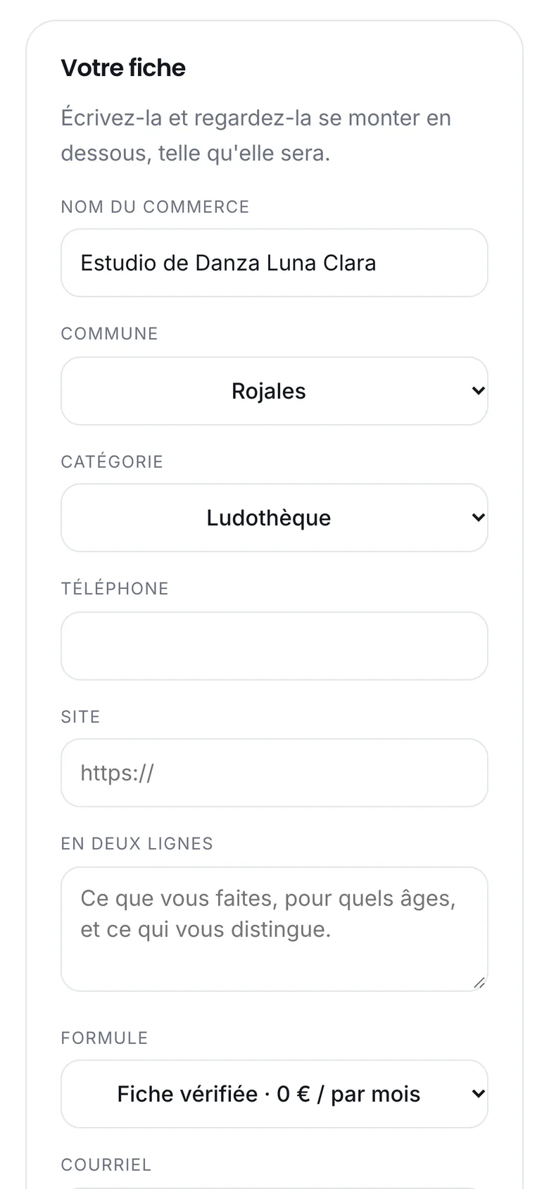 Le formulaire « Votre fiche » pour ajouter un commerce