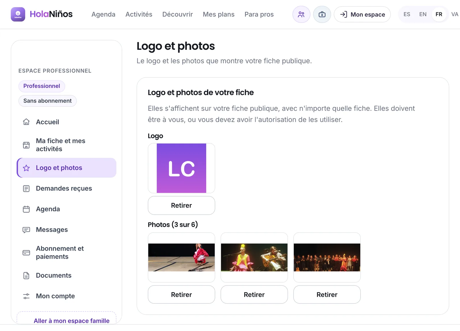 Logo et photos de la fiche, dans l'espace pro