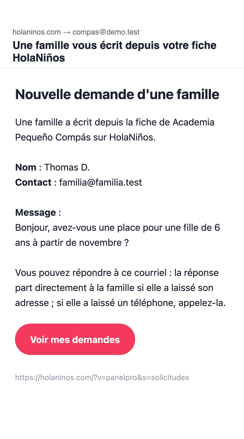 Le courriel que reçoit le commerce avec la demande d'une famille