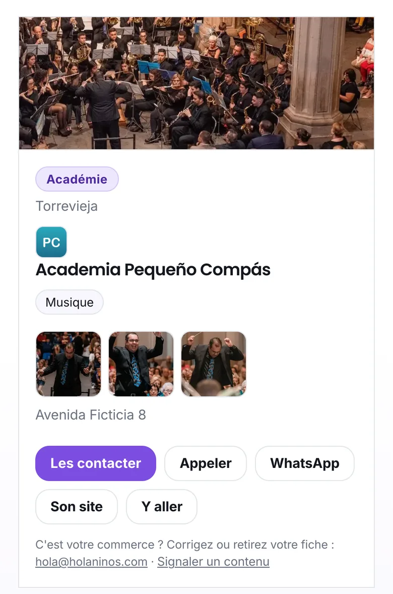 Une fiche avec les boutons Appeler, WhatsApp et Son site