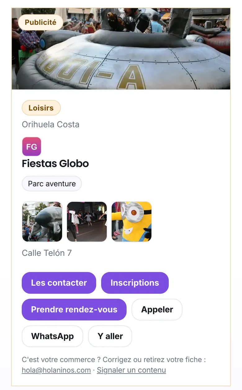 La fiche d'un animateur de fêtes, avec ses boutons Inscriptions et Prendre rendez-vous