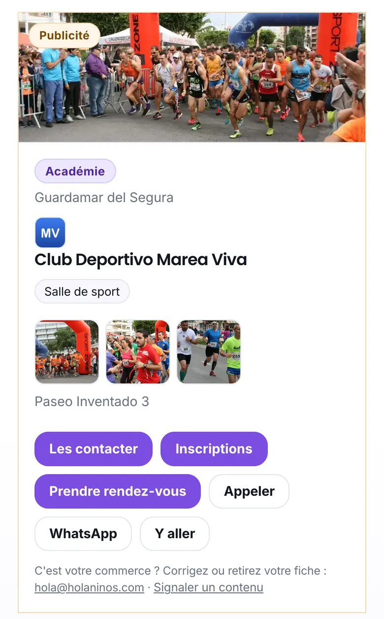 La fiche d'un club de sport, avec ses boutons Inscriptions et Prendre rendez-vous