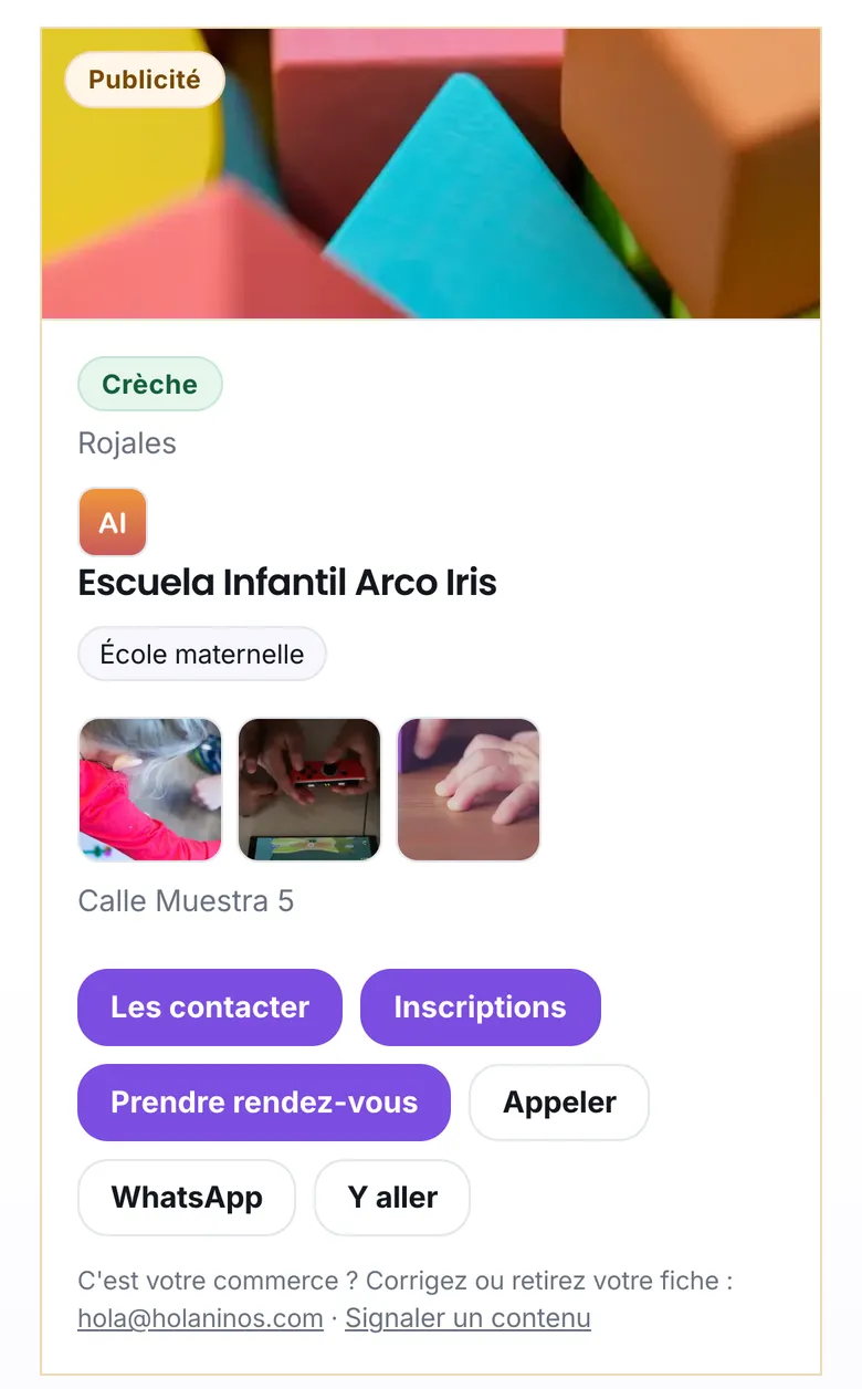 La fiche d'une crèche, avec ses boutons Inscriptions et Prendre rendez-vous