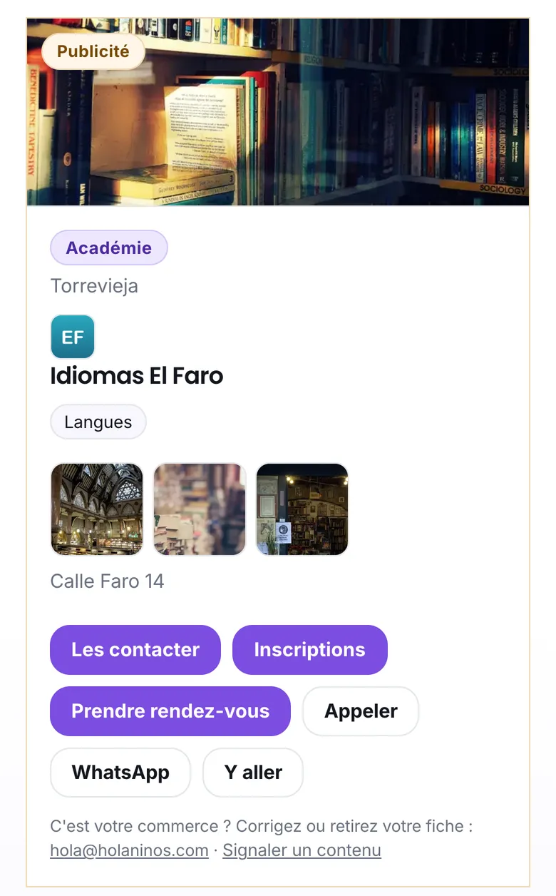 Une fiche avec logo, photos et les boutons Contacter, Inscriptions, Prendre rendez-vous, Appeler et WhatsApp
