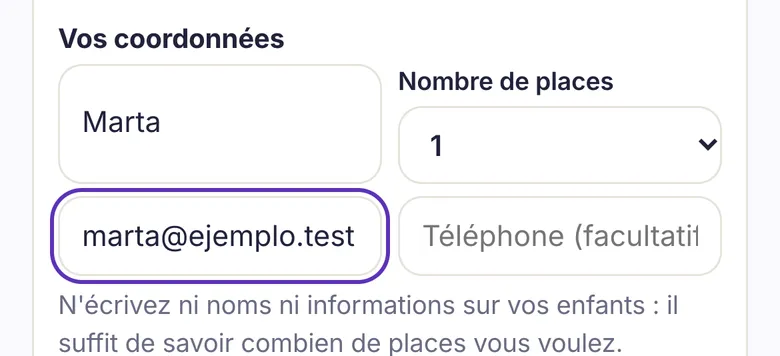 Le formulaire d'inscription : seulement le parent et le nombre de places