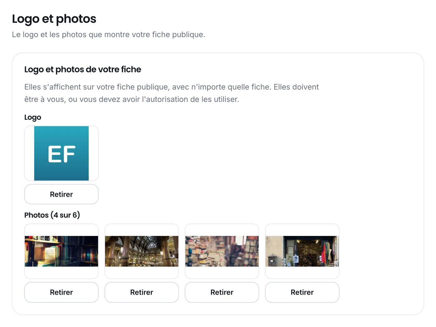 Le logo et les photos de la fiche, dans l'espace professionnel