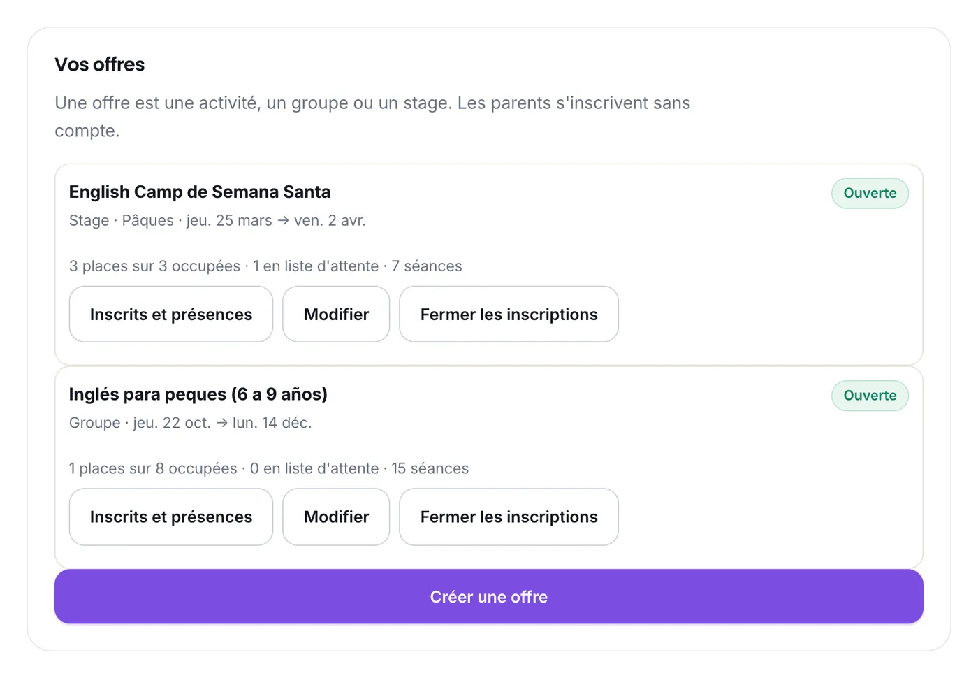 Les offres du professionnel, avec les places occupées et la liste d'attente