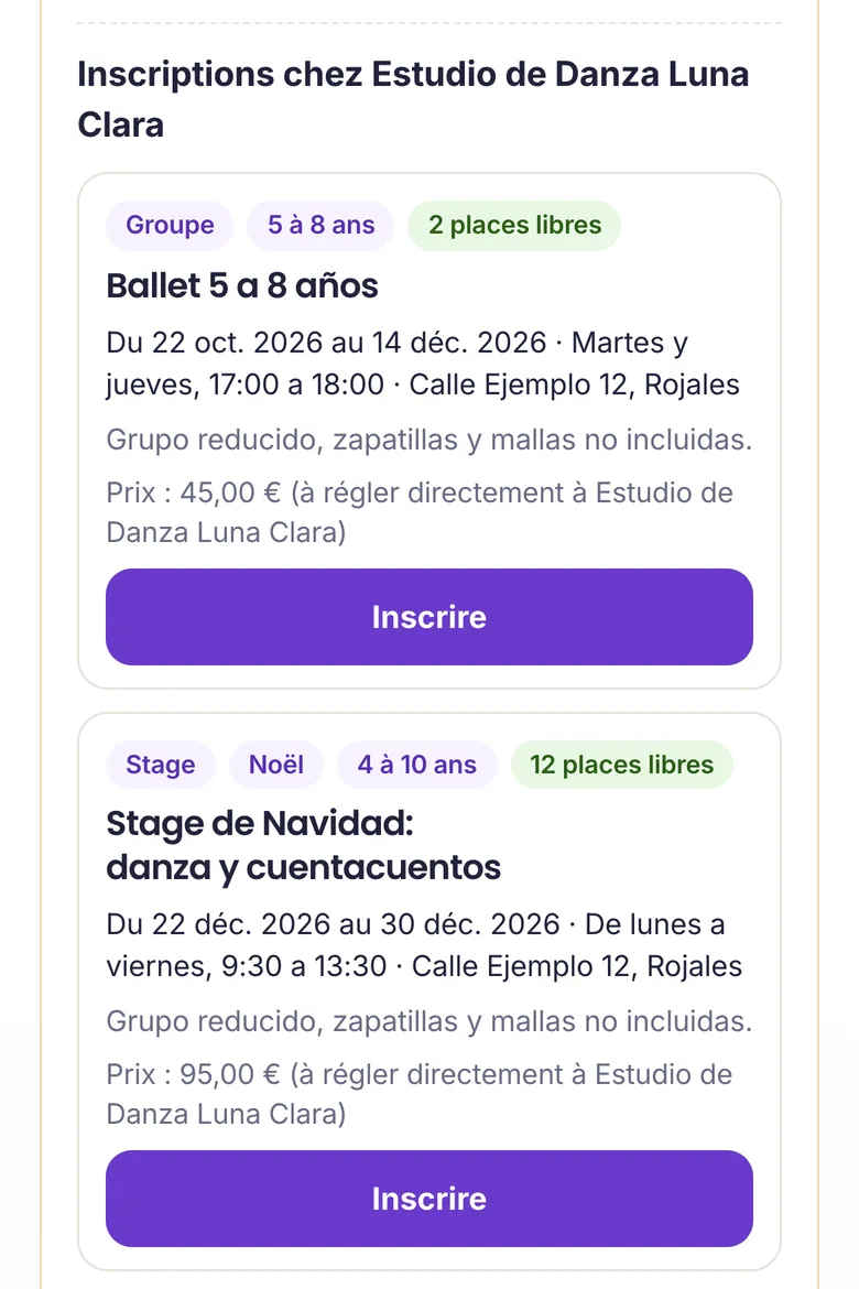 Un groupe et un stage d'une école de danse, avec les places libres