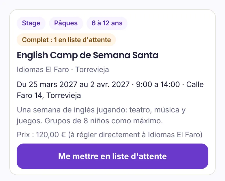 Un English Camp complet, avec le bouton Me mettre en liste d'attente