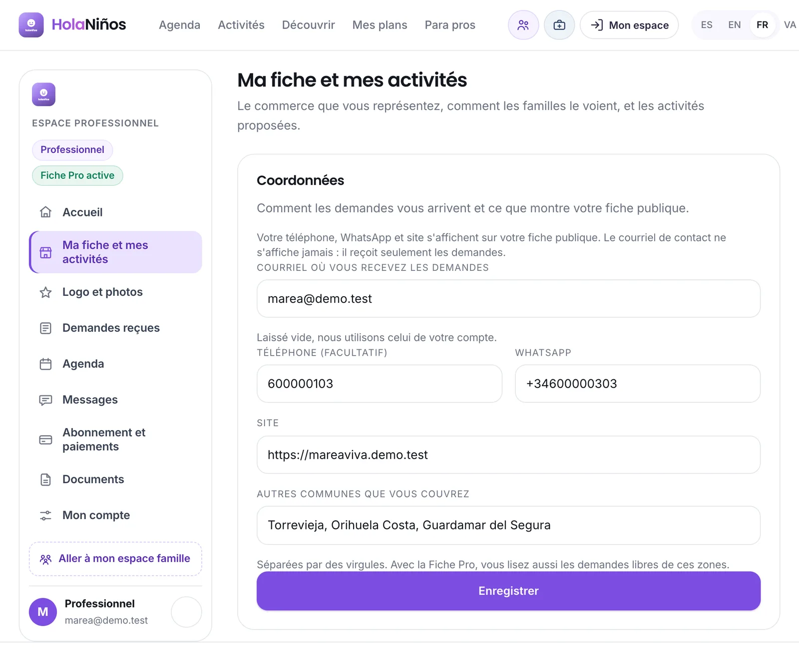 Les coordonnées et les zones d'une fiche Pro