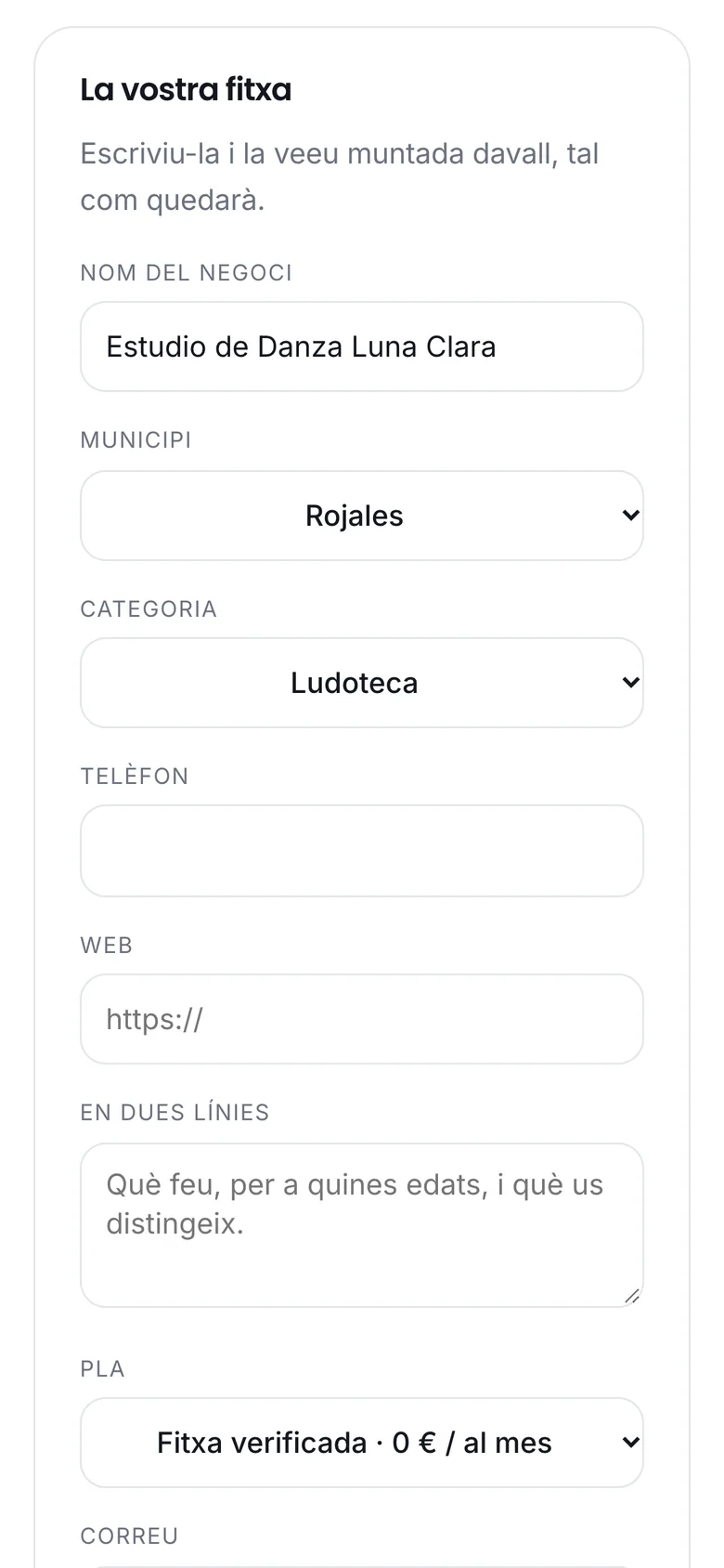 El formulari «La vostra fitxa» per a apuntar un negoci