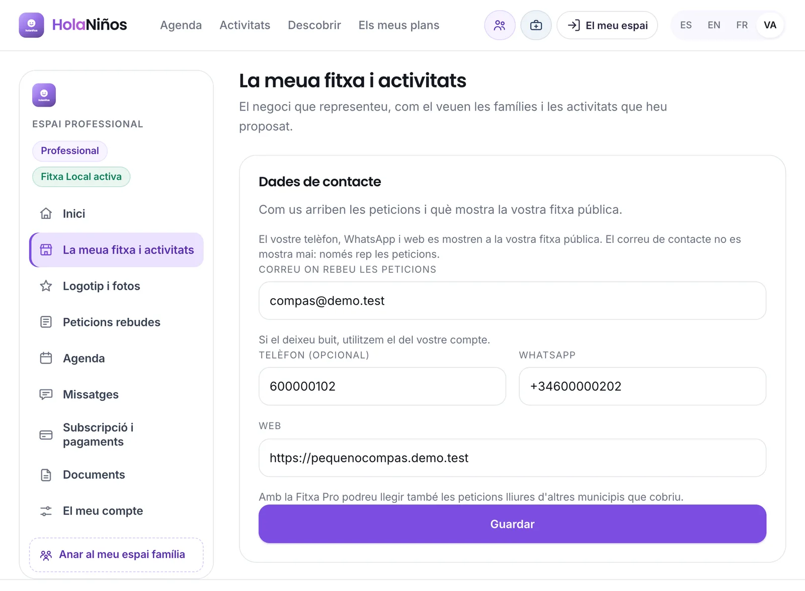 Les dades de contacte de la fitxa