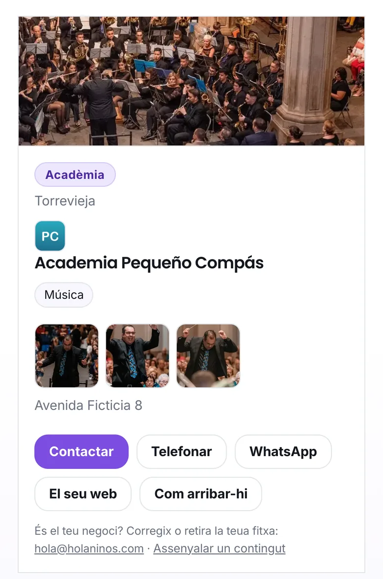 Una fitxa amb els botons Telefonar, WhatsApp i El seu web