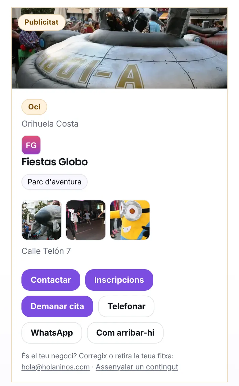 La fitxa d'un animador de festes, amb els botons Inscripcions i Demanar cita