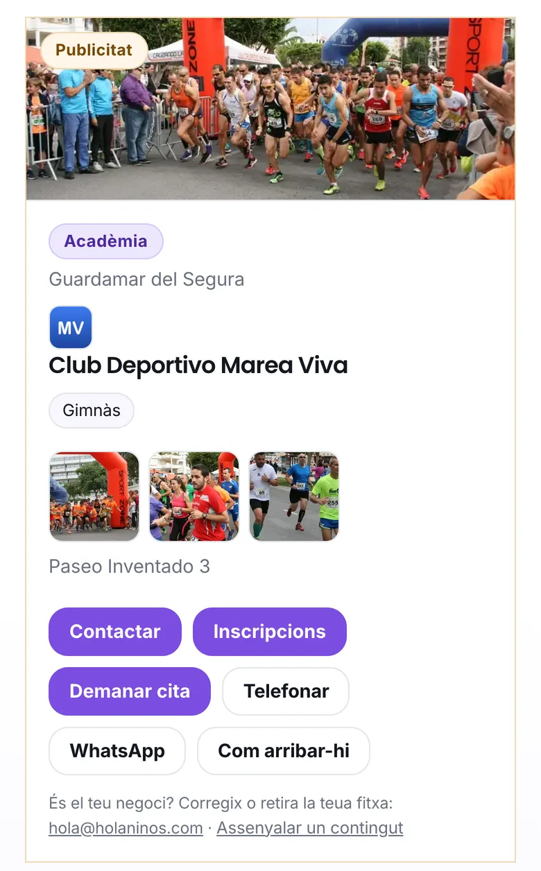 La fitxa d'un club esportiu, amb els botons Inscripcions i Demanar cita