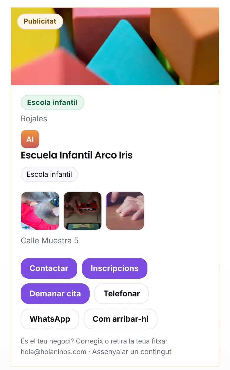 La fitxa d'una escola infantil, amb els botons Inscripcions i Demanar cita