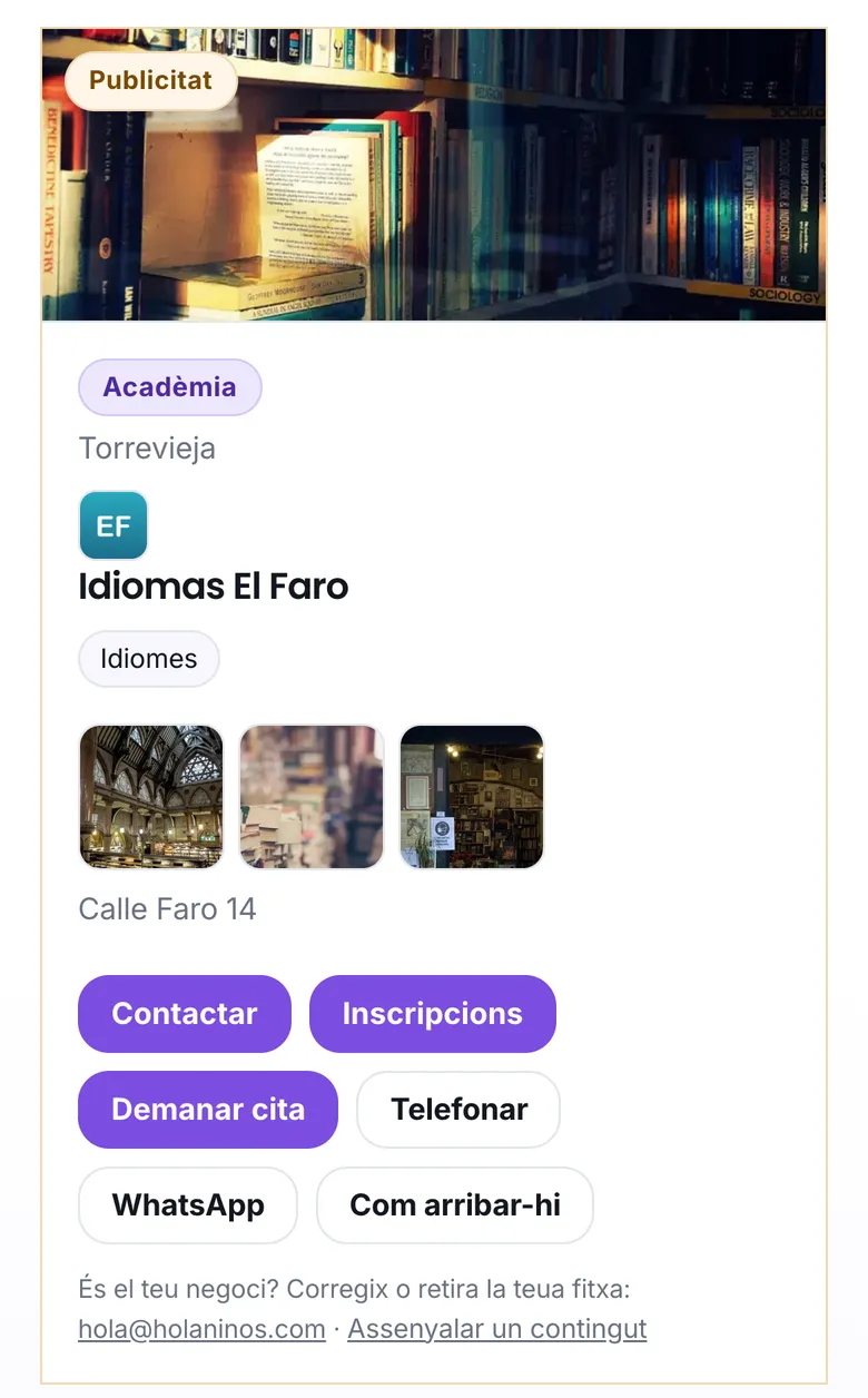 Una fitxa amb logotip, fotos i els botons Contactar, Inscripcions, Demanar cita, Telefonar i WhatsApp