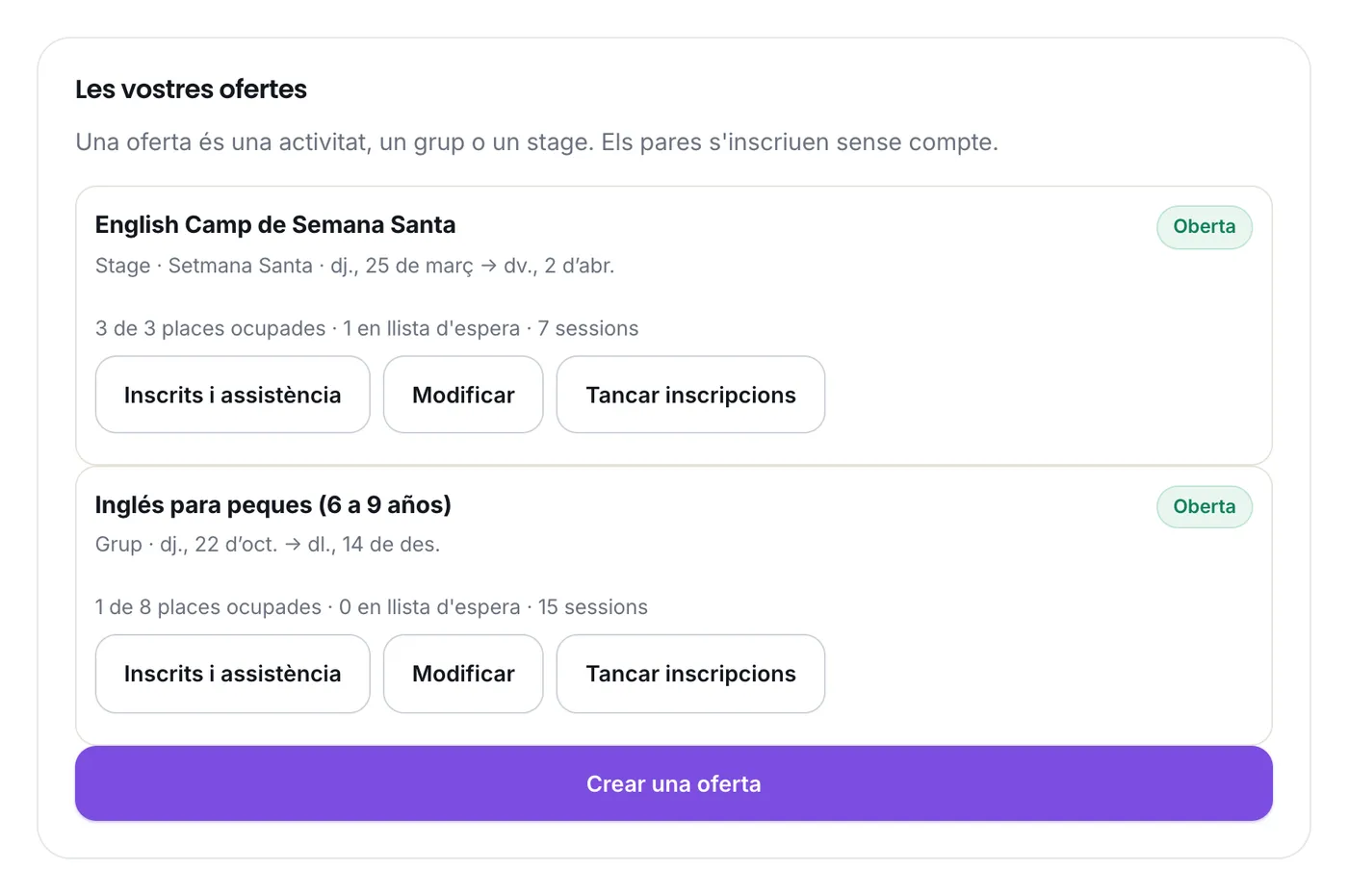 Les ofertes del professional, amb les places ocupades i la llista d'espera