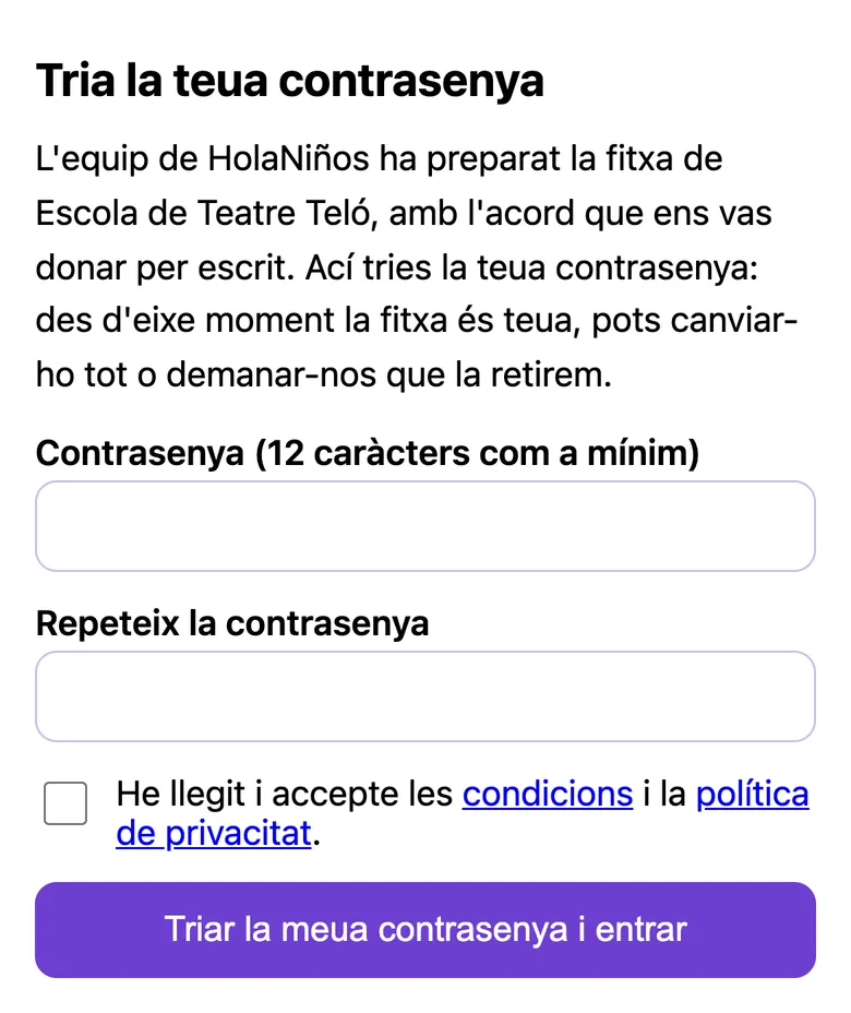 La pàgina on el professional tria la contrasenya i pren el control de la seua fitxa