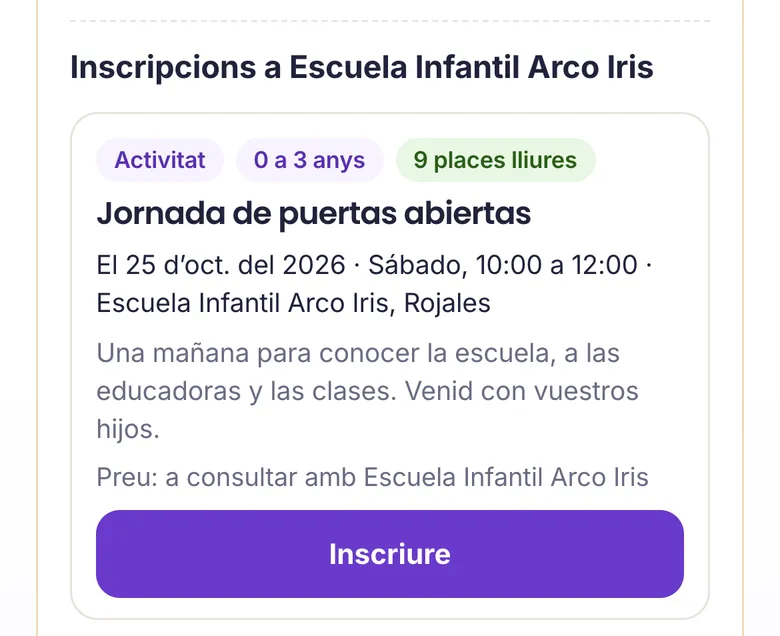 Una jornada de portes obertes, amb les places lliures i el botó Inscriure
