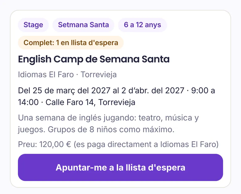 Un English Camp complet, amb el botó Apuntar-me a la llista d'espera