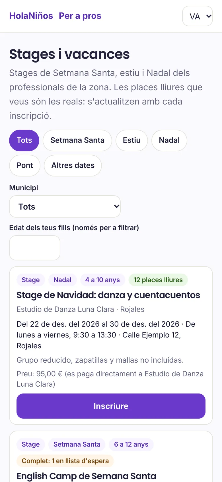 La pàgina Stages i vacances, amb les places lliures i el filtre per període